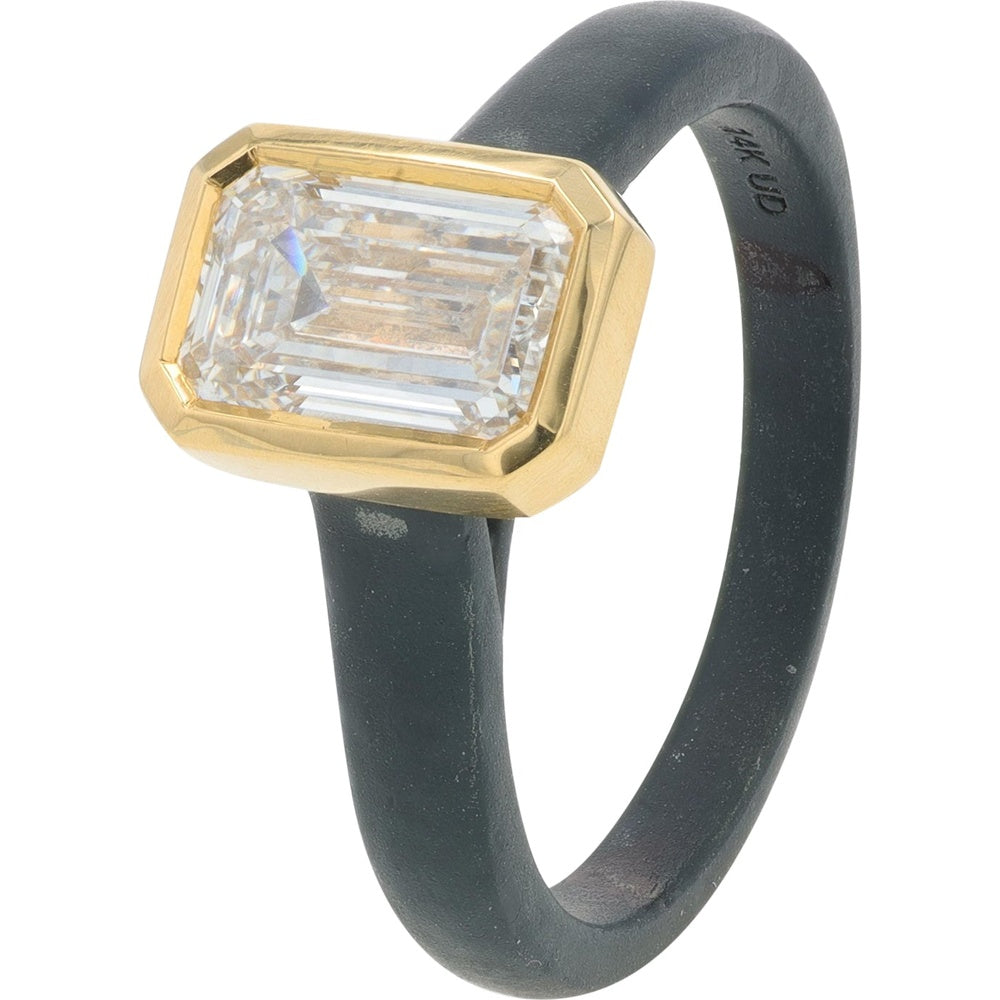 14K Yellow and Black Gold Geometric Bezel-Set Emerald Cut Lab Grown Diamond Engagement Ring - 2.00 Carat Total Weight