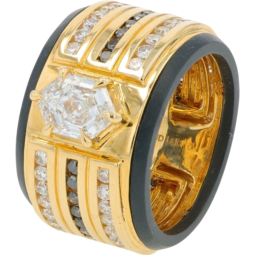 14K Yellow and Black Gold Geometric Ring with Hexagon-Cut Lab Grown Diamond and Channel-Set Accents - 2.65 Carat Total Diamond Weight