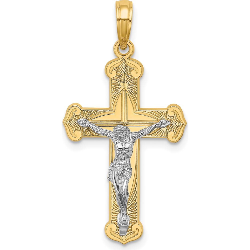14K Yellow and Rhodium Two-Tone Engraved Crucifix Pendant Charm - Faith-Inspired Design by Oro Pregiato