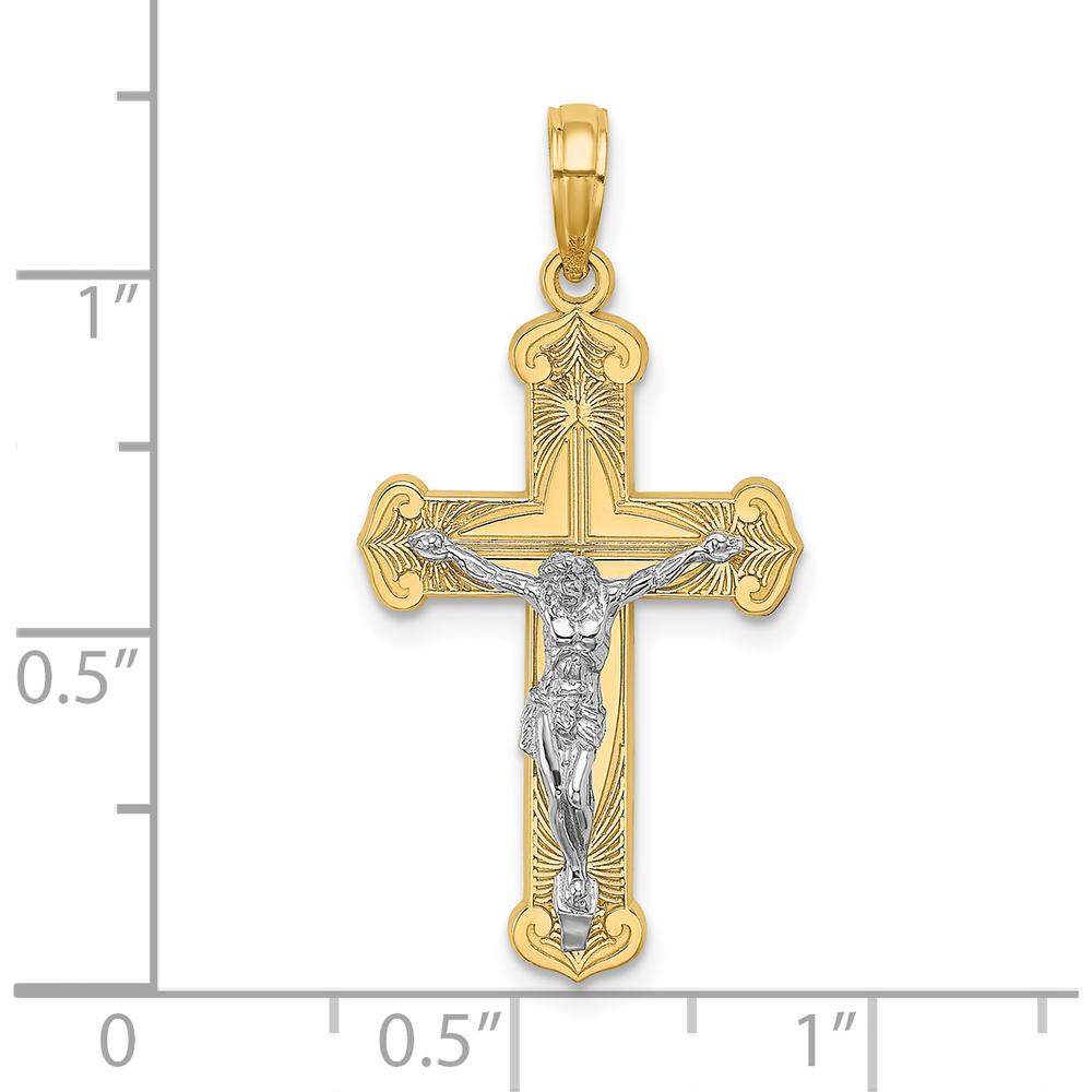 14K Yellow and Rhodium Two-Tone Engraved Crucifix Pendant Charm - Faith-Inspired Design by Oro Pregiato