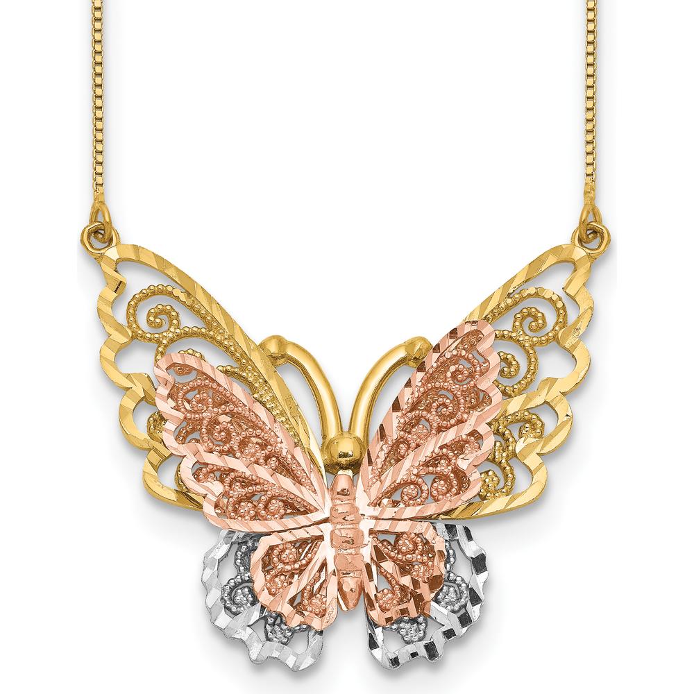 14K Yellow and Rose Gold Butterfly Filigree Pendant Necklace with Rhodium-Plated Box Chain - 18" Length by 0