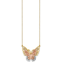 14K Yellow and Rose Gold Butterfly Filigree Pendant Necklace with Rhodium-Plated Box Chain - 18" Length by 0