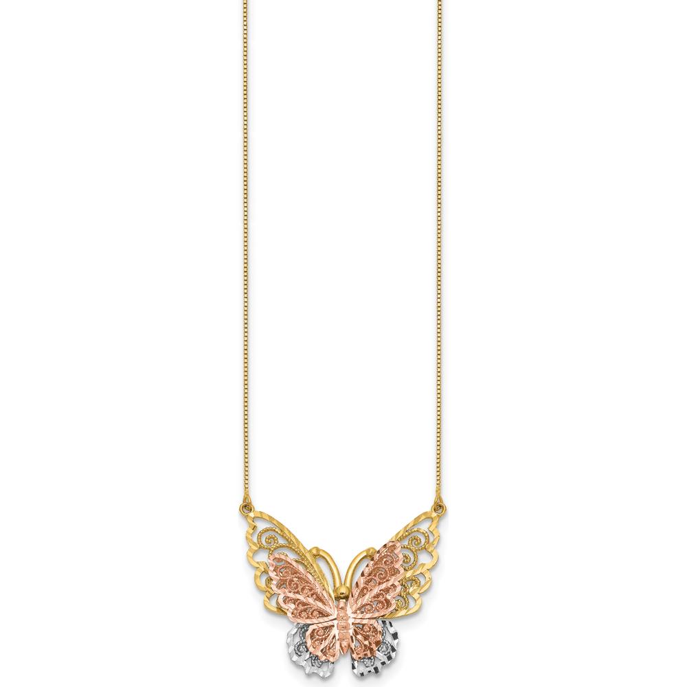 14K Yellow and Rose Gold Butterfly Filigree Pendant Necklace with Rhodium-Plated Box Chain - 18" Length by 0