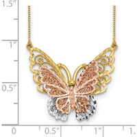14K Yellow and Rose Gold Butterfly Filigree Pendant Necklace with Rhodium-Plated Box Chain - 18" Length by 0