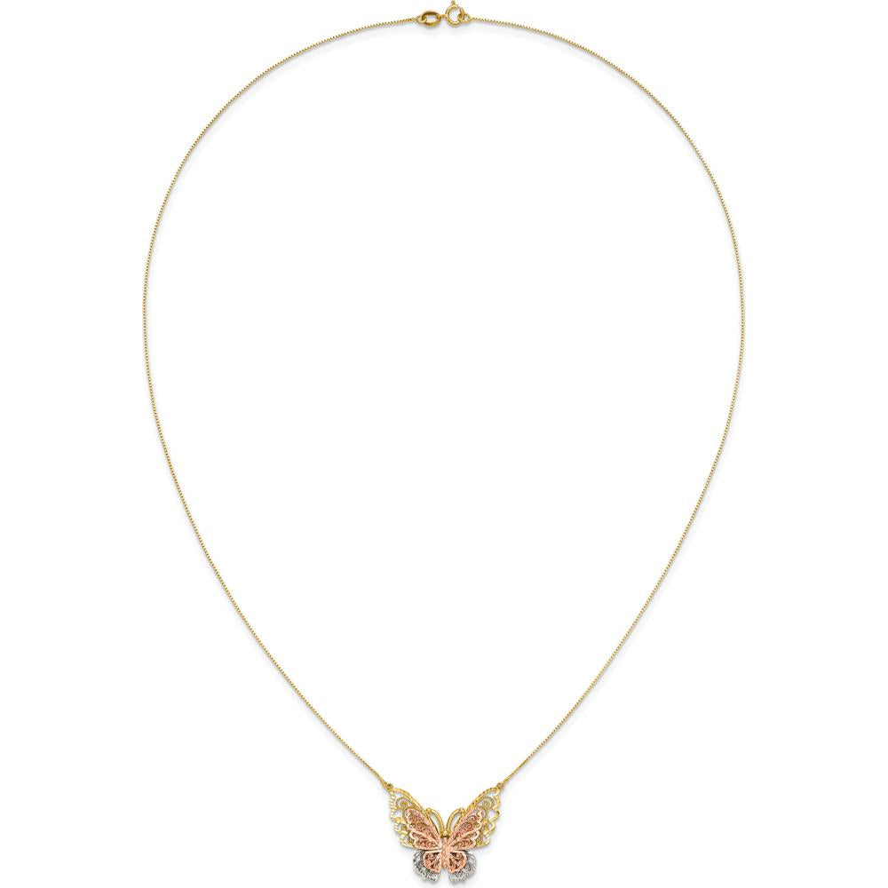 14K Yellow and Rose Gold Butterfly Filigree Pendant Necklace with Rhodium-Plated Box Chain - 18" Length by 0