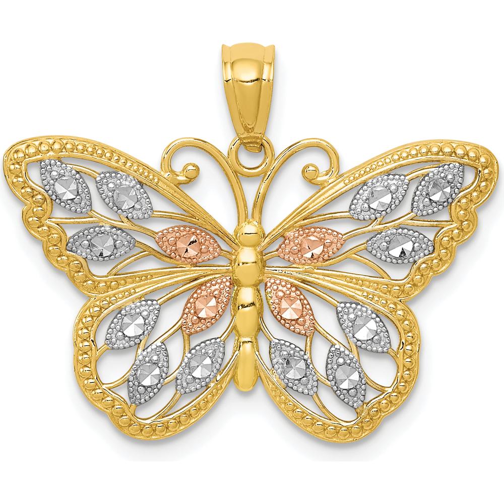 14K Yellow and Rose Gold Butterfly Pendant with Diamond-Cut Rhodium Accents by Oro Pregiato