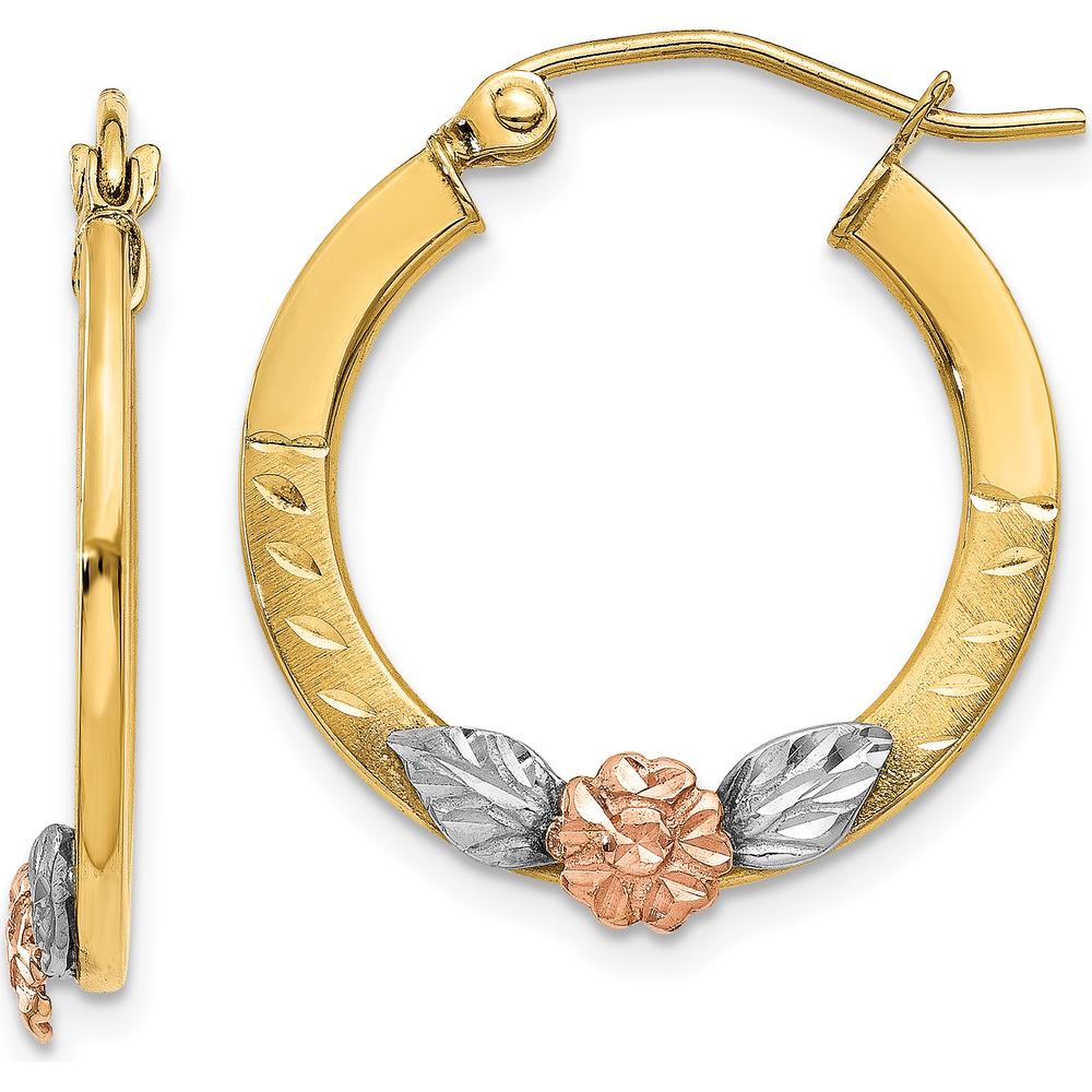 14K Yellow & Rose Gold Diamond-Cut Flower Hoop Earrings with Rhodium Detailing - 21mm by 0