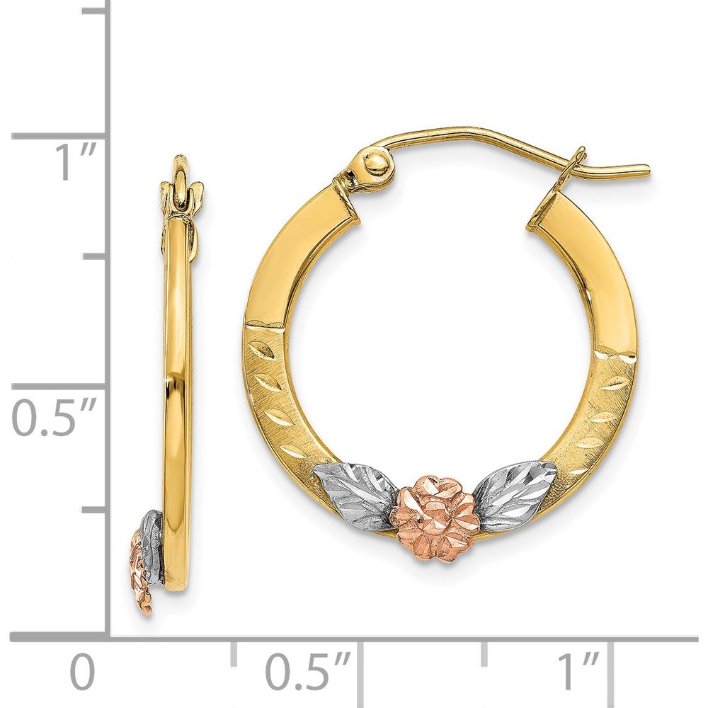 14K Yellow & Rose Gold Diamond-Cut Flower Hoop Earrings with Rhodium Detailing - 21mm by 0