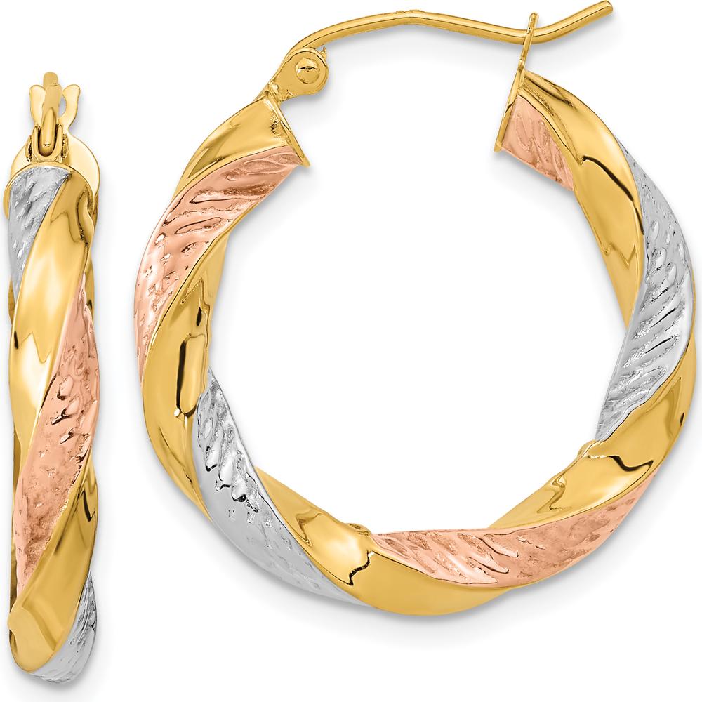 14K Yellow and Rose Gold Diamond-Cut Twist Hoop Earrings - 26.4mm Length by 0
