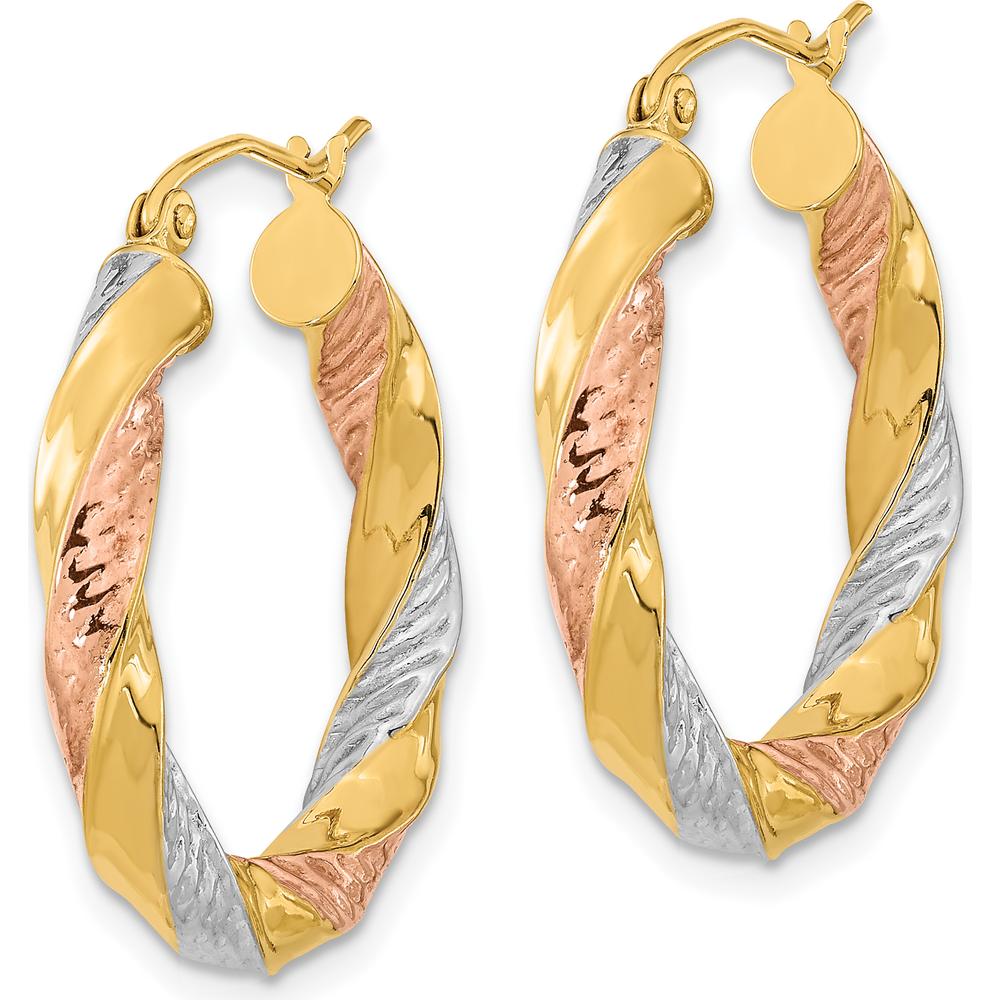 14K Yellow and Rose Gold Diamond-Cut Twist Hoop Earrings - 26.4mm Length by 0
