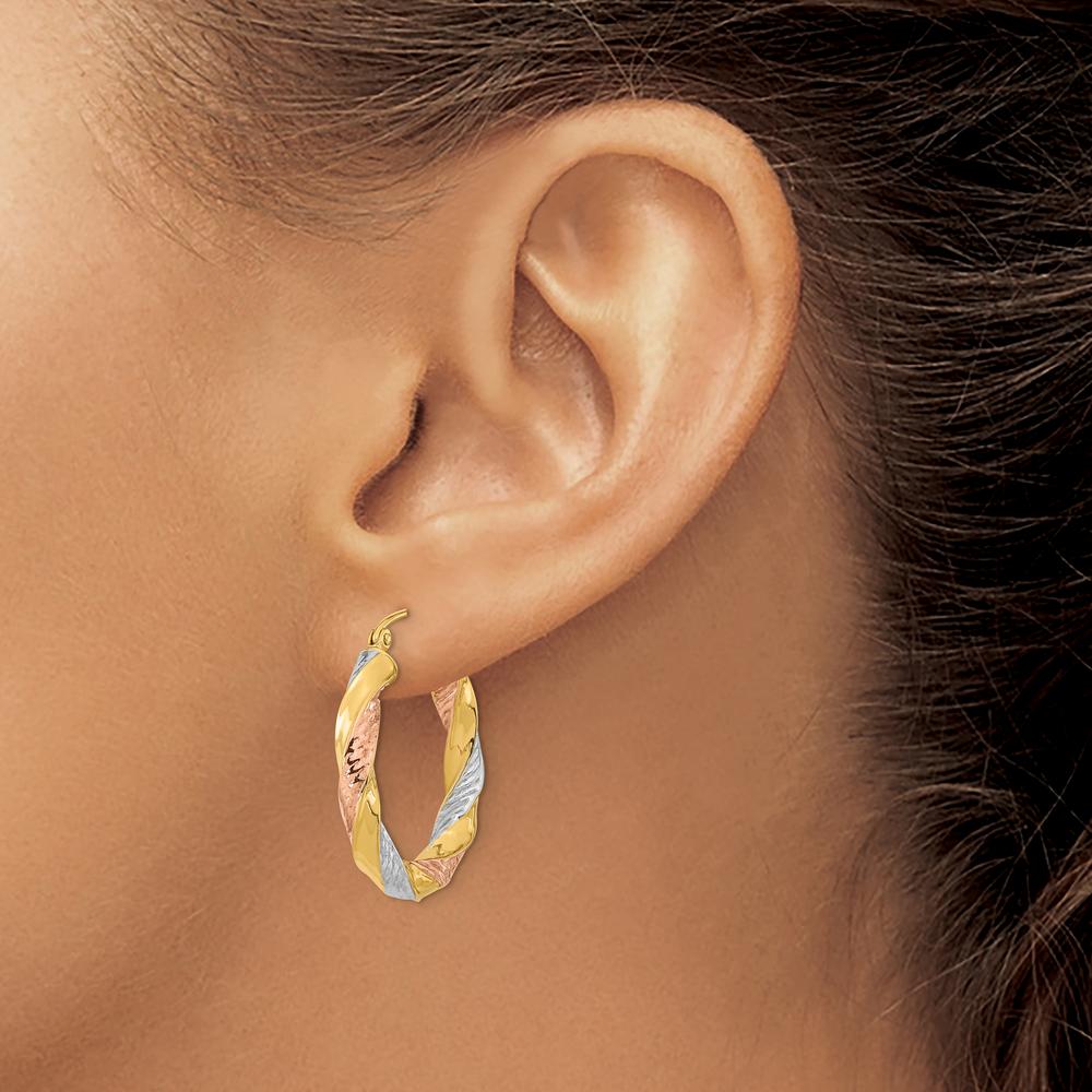 14K Yellow and Rose Gold Diamond-Cut Twist Hoop Earrings - 26.4mm Length by 0