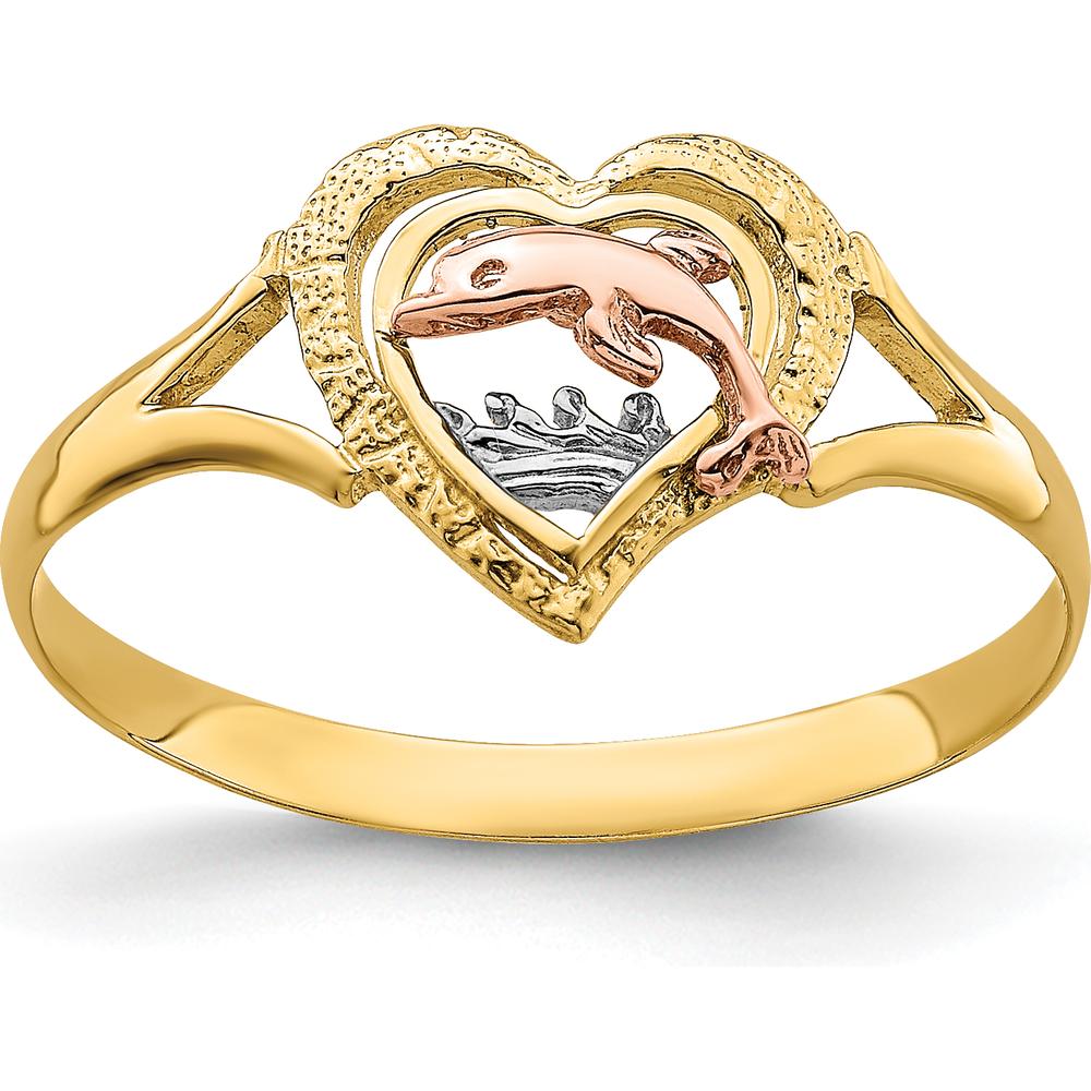 14K Yellow and Rose Gold Dolphin in Heart Themed Ring with Rhodium Detail by Oro Pregiato