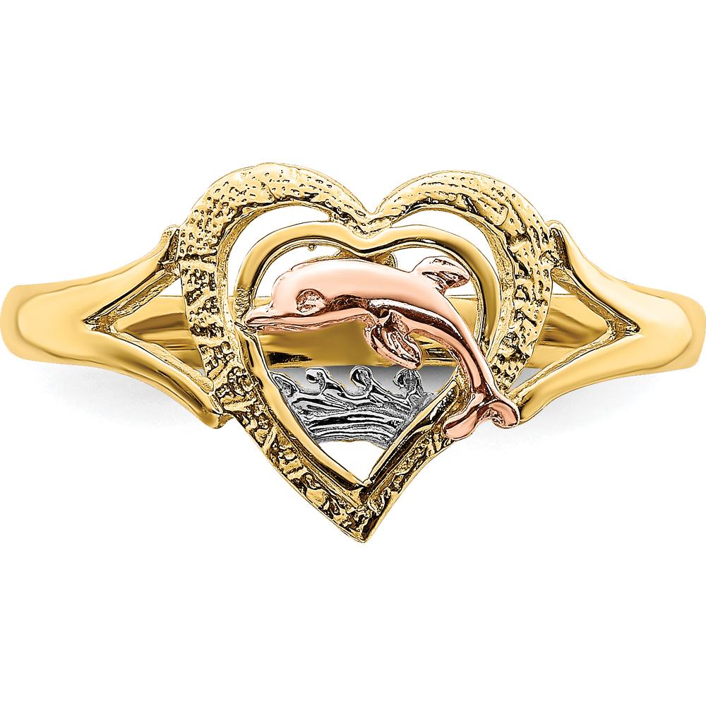 14K Yellow and Rose Gold Dolphin in Heart Themed Ring with Rhodium Detail by Oro Pregiato