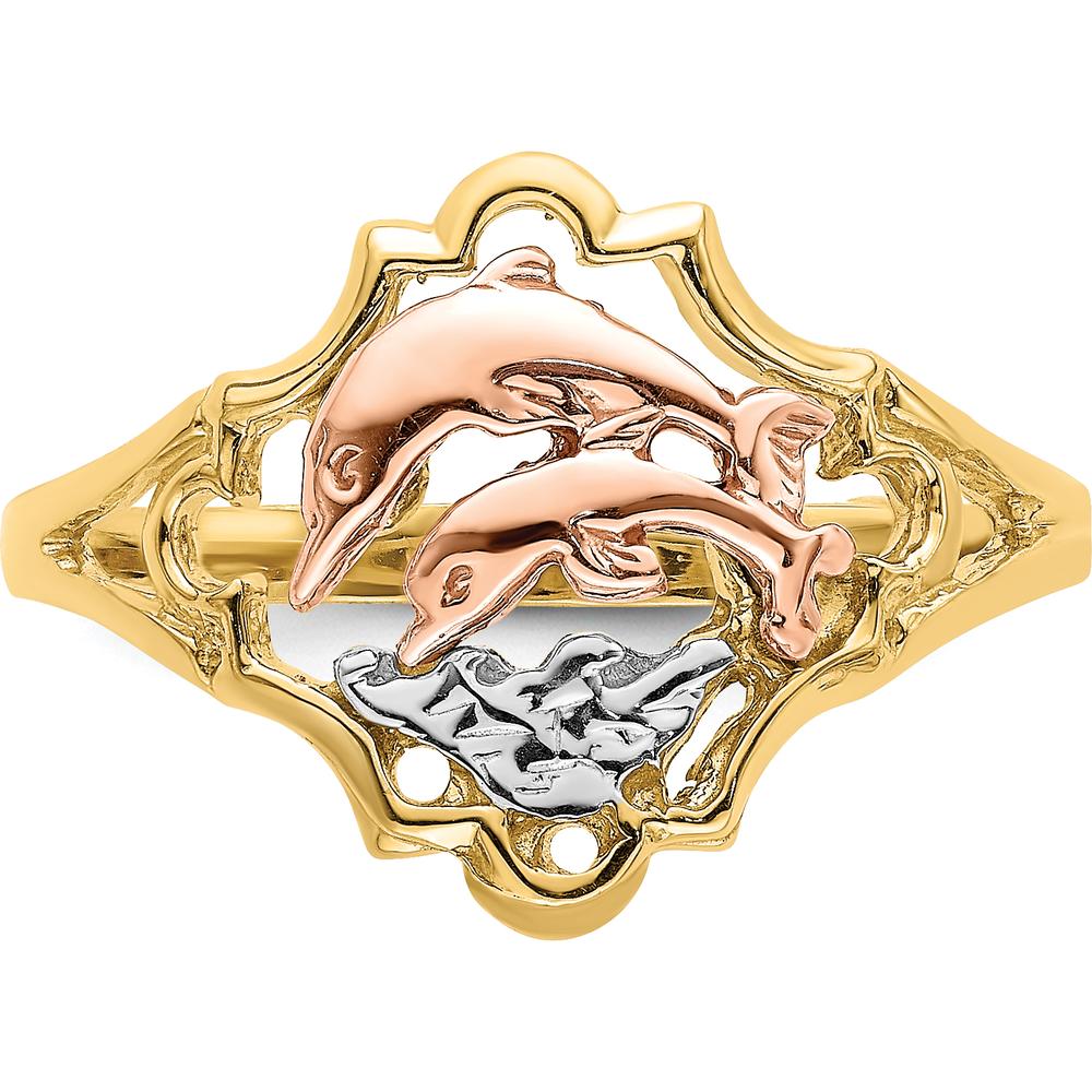 14K Yellow and Rose Gold Double Dolphin Ring with Rhodium Detailing by Oro Pregiato