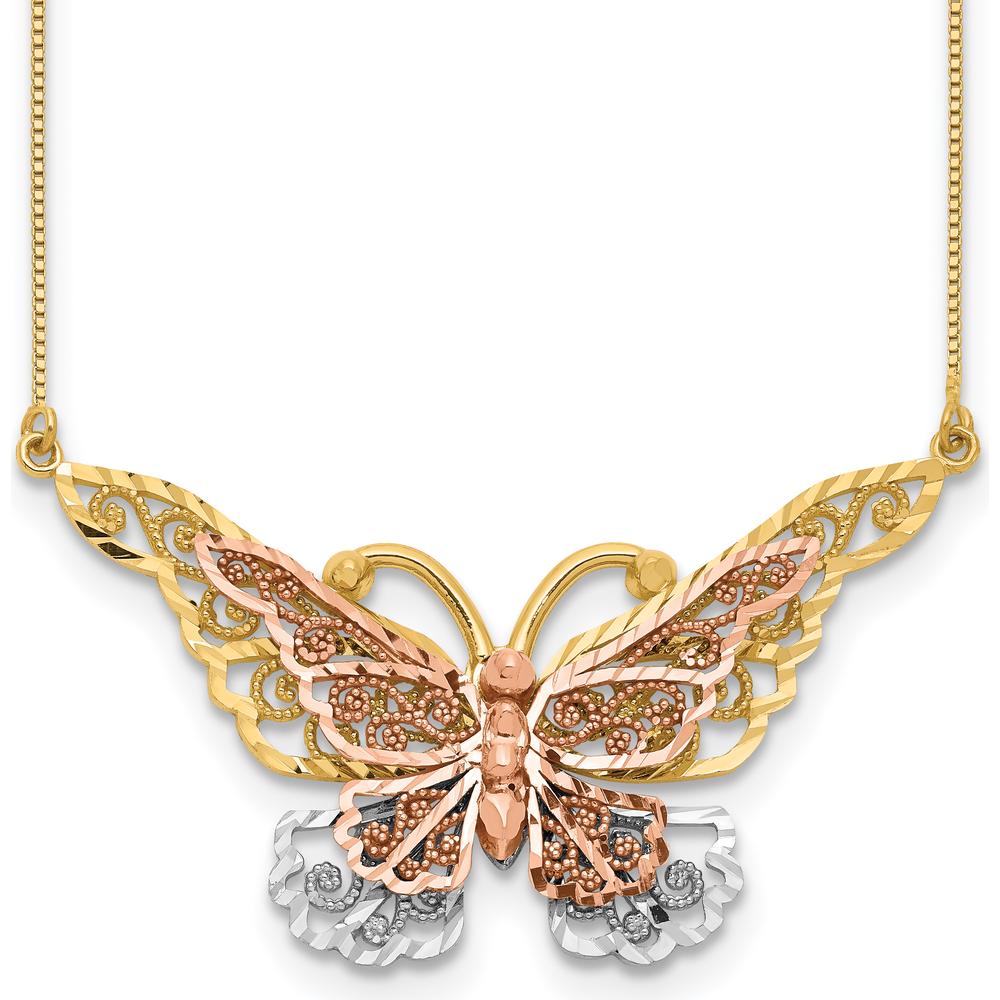 14K Yellow and Rose Gold Filigree Butterfly Necklace with White Rhodium Detail - 17" by 0