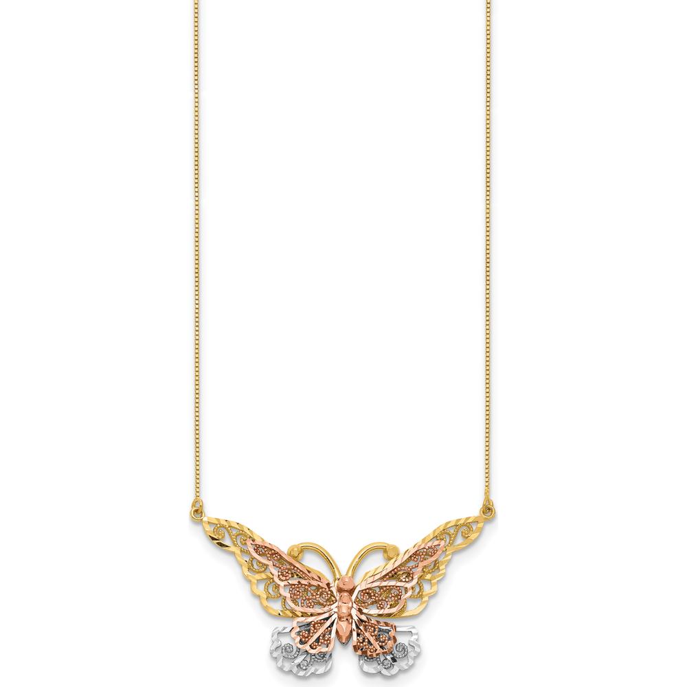 14K Yellow and Rose Gold Filigree Butterfly Necklace with White Rhodium Detail - 17" by 0