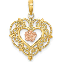 14K Yellow and Rose Gold Flower in Heart Pendant with Textured Detail by Oro Pregiato