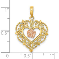 14K Yellow and Rose Gold Flower in Heart Pendant with Textured Detail by Oro Pregiato