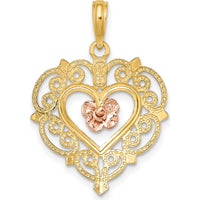 14K Yellow and Rose Gold Flower in Heart Pendant with Textured Detail by Oro Pregiato