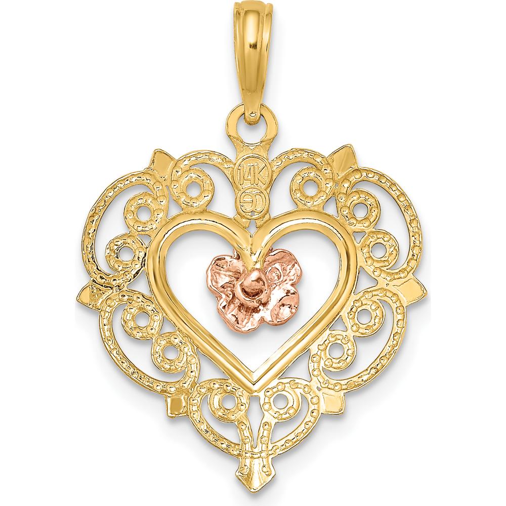 14K Yellow and Rose Gold Flower in Heart Pendant with Textured Detail by Oro Pregiato