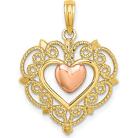 14K Yellow and Rose Gold Heart Dangle Charm with Lace Border Design - Elegant Polished Pendant by Oro Pregiato