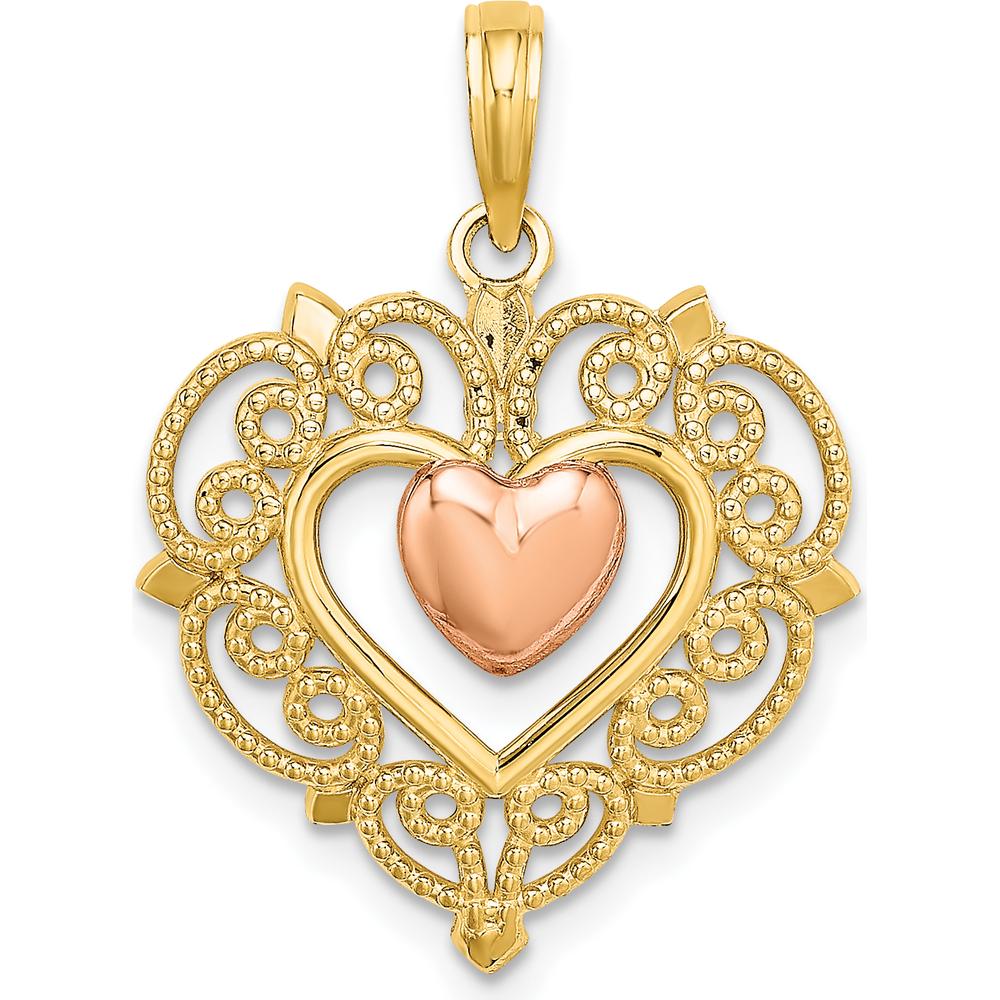 14K Yellow and Rose Gold Heart Dangle Charm with Lace Border Design - Elegant Polished Pendant by Oro Pregiato