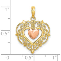 14K Yellow and Rose Gold Heart Dangle Charm with Lace Border Design - Elegant Polished Pendant by Oro Pregiato
