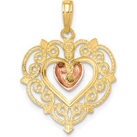 14K Yellow and Rose Gold Heart Dangle Charm with Lace Border Design - Elegant Polished Pendant by Oro Pregiato