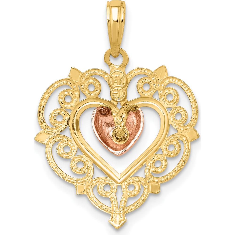14K Yellow and Rose Gold Heart Dangle Charm with Lace Border Design - Elegant Polished Pendant by Oro Pregiato