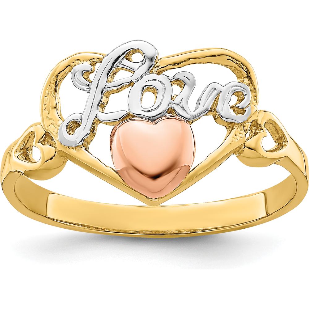 14K Yellow and Rose Gold Love Heart Ring with Rhodium Accents - Polished Finish by Oro Pregiato