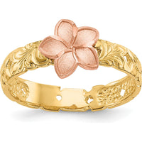 14K Yellow and Rose Gold Plumeria Baby Ring with Milgrain Detail by Oro Pregiato