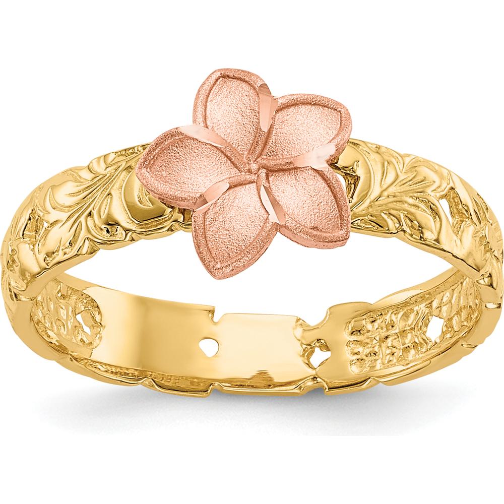14K Yellow and Rose Gold Plumeria Baby Ring with Milgrain Detail by Oro Pregiato