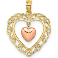 14K Yellow and Rose Gold Polished Dangling Heart-in-Heart Pendant - 22.5mm Length by Oro Pregiato
