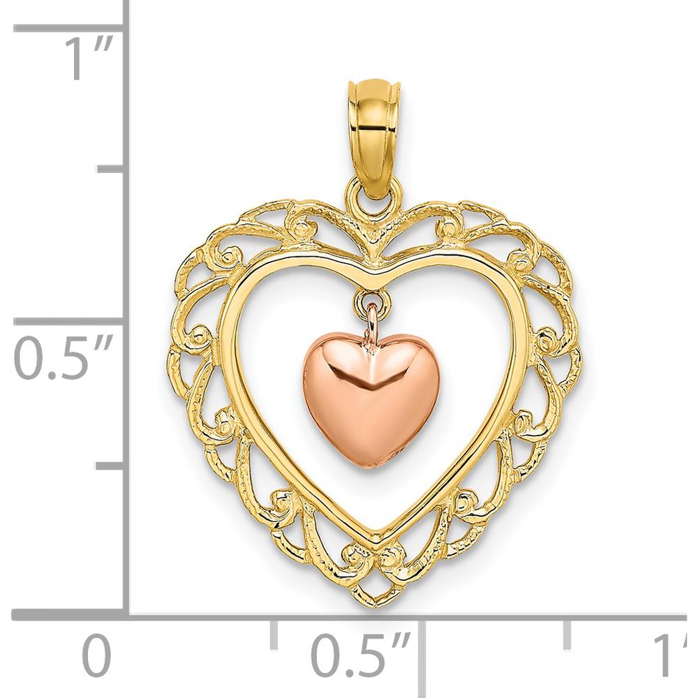 14K Yellow and Rose Gold Polished Dangling Heart-in-Heart Pendant - 22.5mm Length by Oro Pregiato