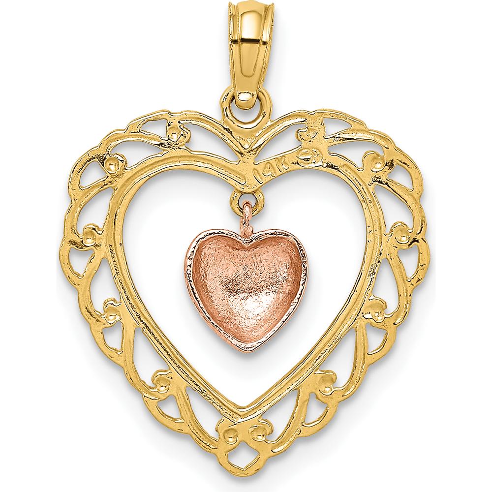 14K Yellow and Rose Gold Polished Dangling Heart-in-Heart Pendant - 22.5mm Length by Oro Pregiato