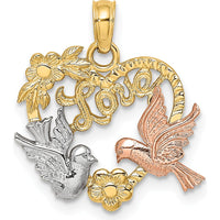 14K Yellow and Rose Gold Two-Tone LOVE with Doves Heart Charm Pendant by Oro Pregiato