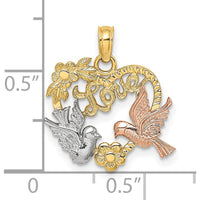 14K Yellow and Rose Gold Two-Tone LOVE with Doves Heart Charm Pendant by Oro Pregiato