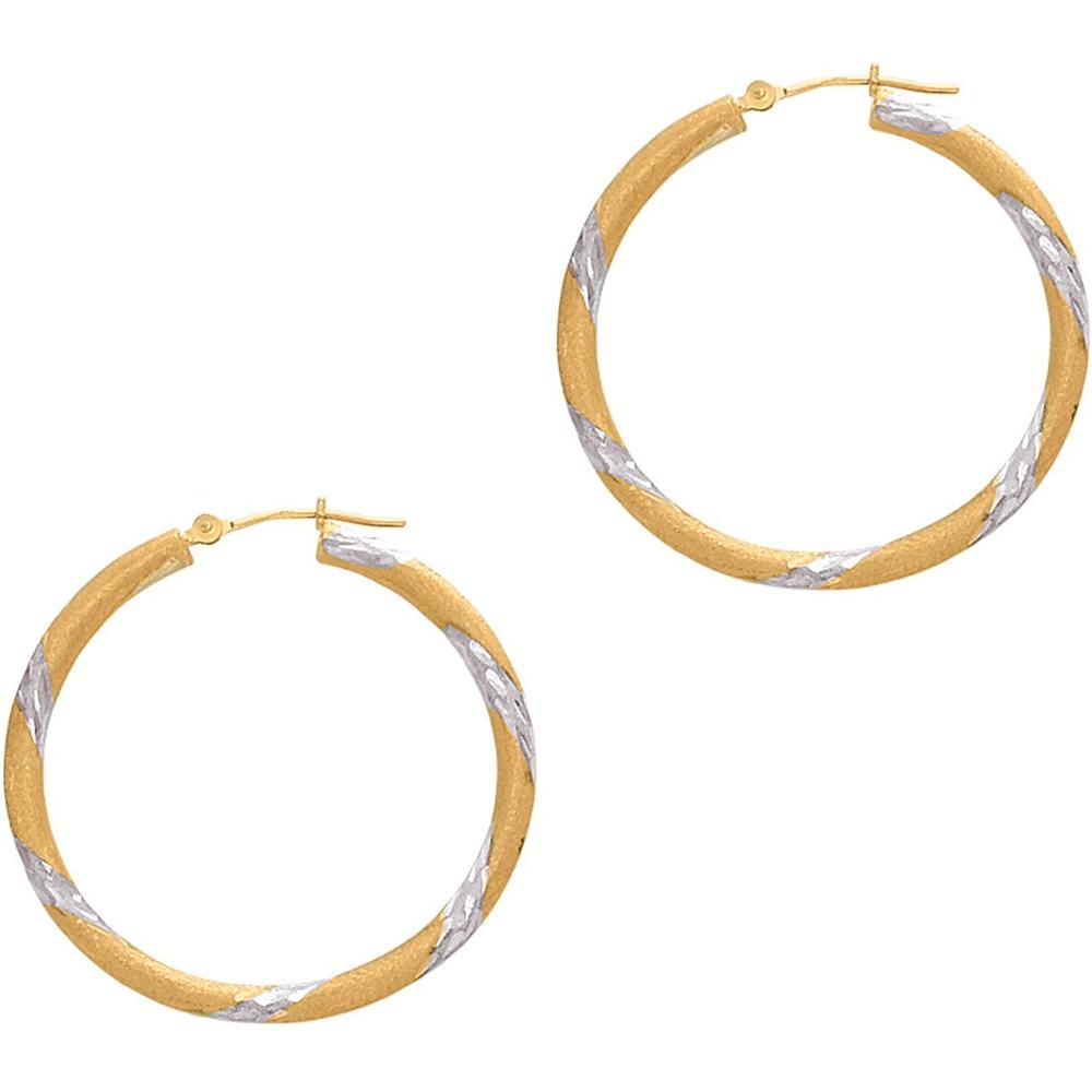 14K Yellow and White Gold 3x30mm Diamond-Cut Textured Hoop Earrings with Hinged Closure by Orozza Fine Jewelry