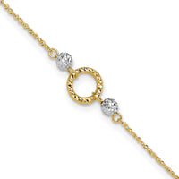 14K Yellow and White Gold Adjustable Diamond-cut Bead Anklet with Spring Ring Clasp - 10" Total Length