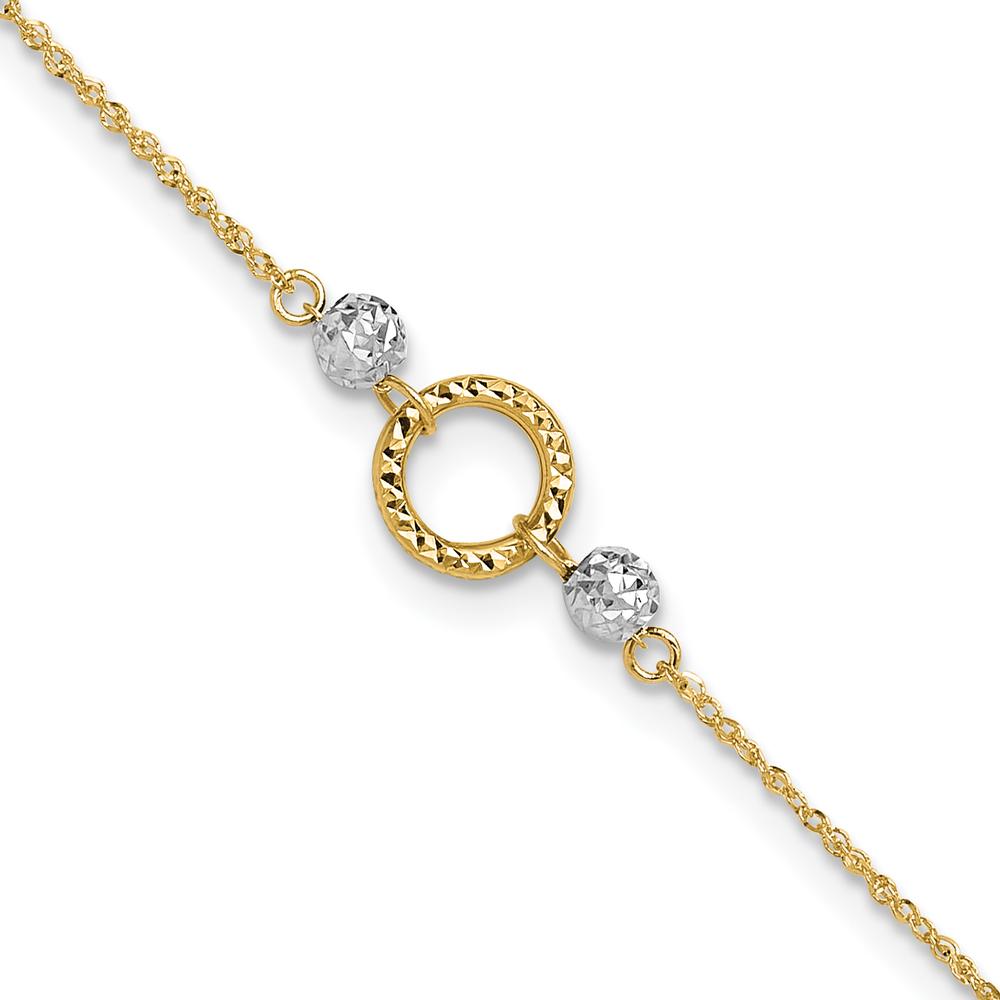 14K Yellow and White Gold Adjustable Diamond-cut Bead Anklet with Spring Ring Clasp - 10" Total Length