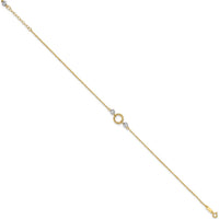14K Yellow and White Gold Adjustable Diamond-cut Bead Anklet with Spring Ring Clasp - 10" Total Length