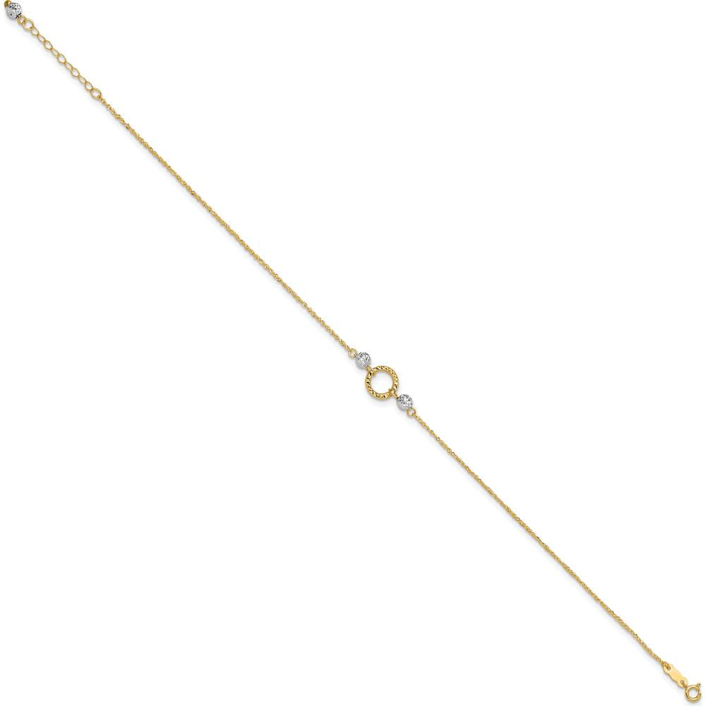 14K Yellow and White Gold Adjustable Diamond-cut Bead Anklet with Spring Ring Clasp - 10" Total Length