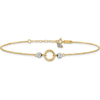 14K Yellow and White Gold Adjustable Diamond-cut Bead Anklet with Spring Ring Clasp - 10" Total Length