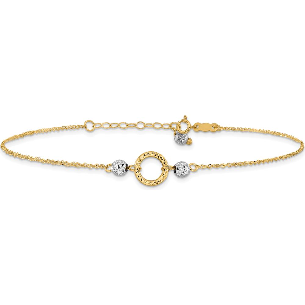 14K Yellow and White Gold Adjustable Diamond-cut Bead Anklet with Spring Ring Clasp - 10" Total Length