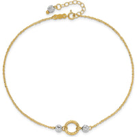 14K Yellow and White Gold Adjustable Diamond-cut Bead Anklet with Spring Ring Clasp - 10" Total Length