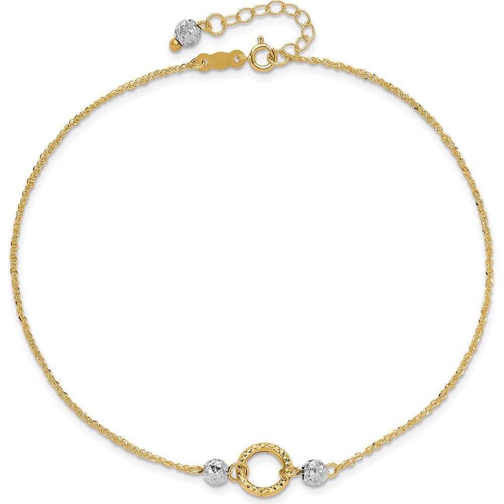 14K Yellow and White Gold Adjustable Diamond-cut Bead Anklet with Spring Ring Clasp - 10" Total Length