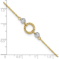 14K Yellow and White Gold Adjustable Diamond-cut Bead Anklet with Spring Ring Clasp - 10" Total Length
