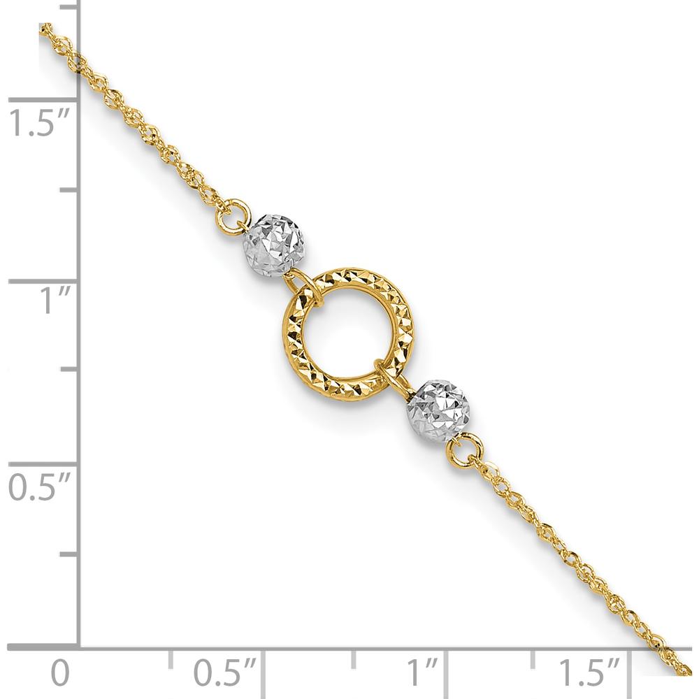 14K Yellow and White Gold Adjustable Diamond-cut Bead Anklet with Spring Ring Clasp - 10" Total Length