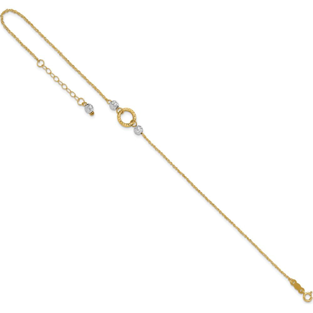 14K Yellow and White Gold Adjustable Diamond-cut Bead Anklet with Spring Ring Clasp - 10" Total Length