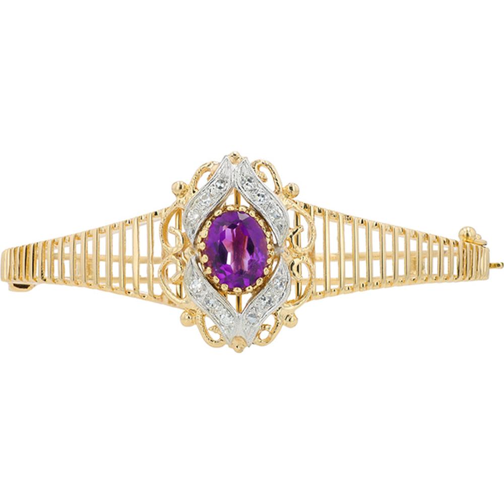 14K Yellow & White Gold Amethyst Bangle with Diamond Halo - 2.35 Carat Amethyst & 0.25 Carat Diamond Total Weight